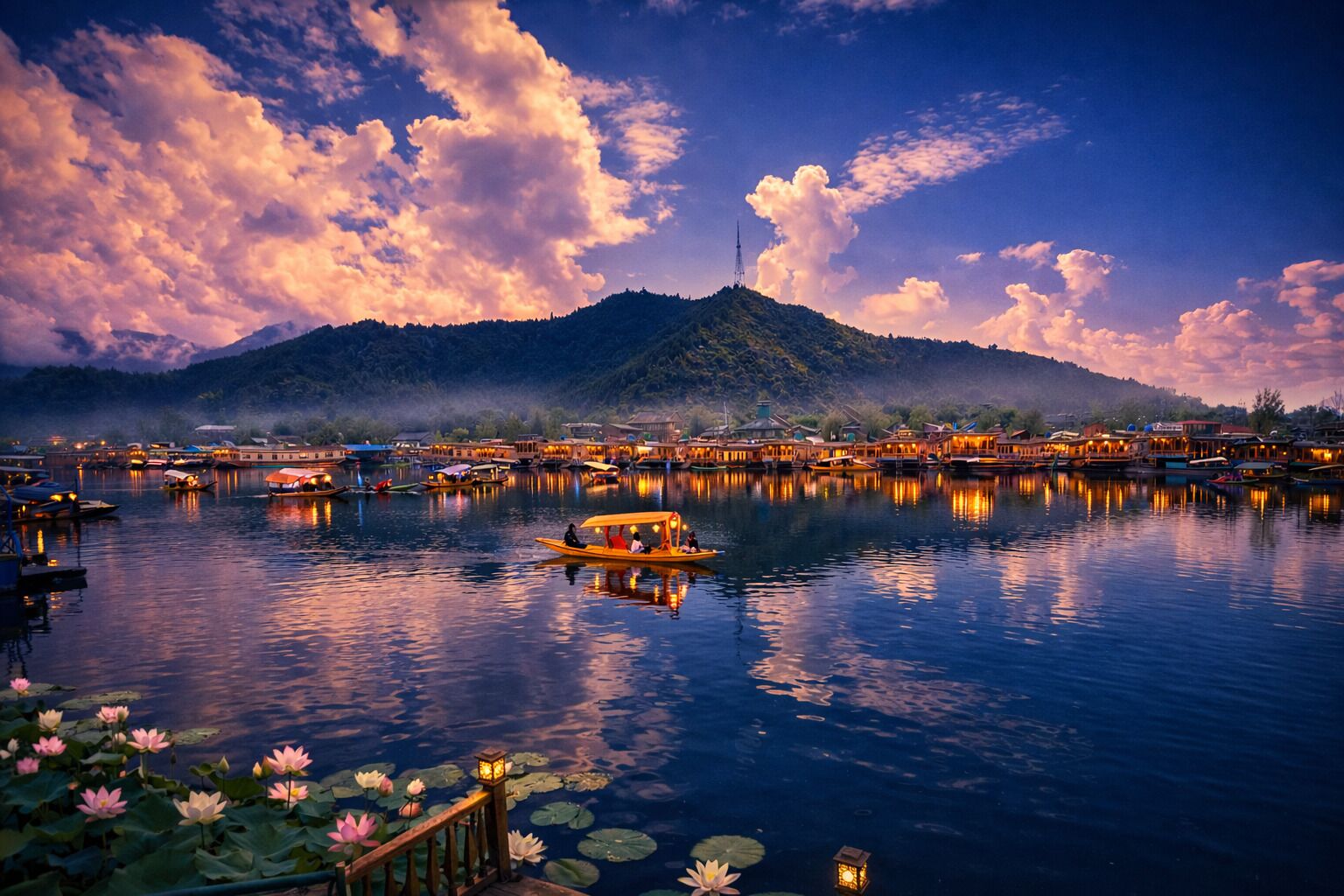 Shikara gliding across Dal Lake at sunset in Srinagar, Kashmir