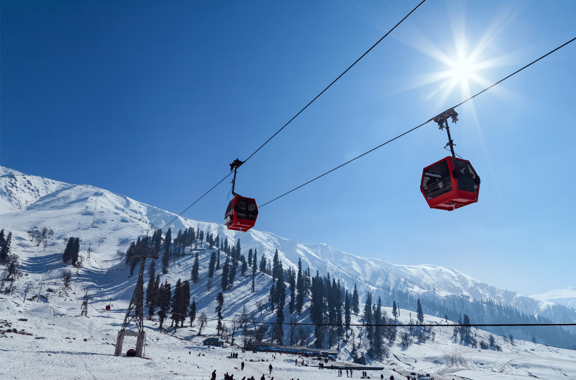 Gulmarg Gondola cable car rising towards Apharwat Peak in winter